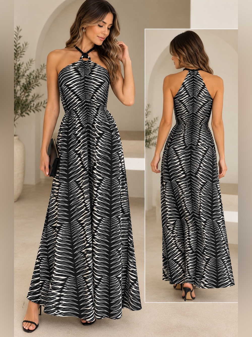 NWT Express Black & White Abstract Zebra Print Halter Maxi Dress XS